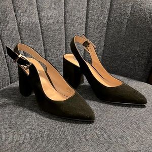 INC leather with black faux suede block heel.